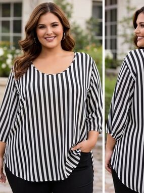 Cato Plus‎ Size 26/28W Black White Stripe Blouse Bow Back Ruffle Detail